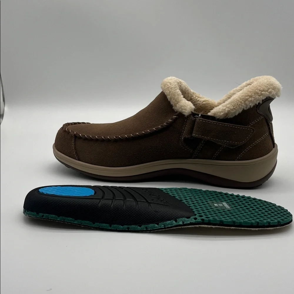 Orthofeet Lorin Womens Brown Suede Slip-On Slippers Faux Fur Lining Size 8.5
